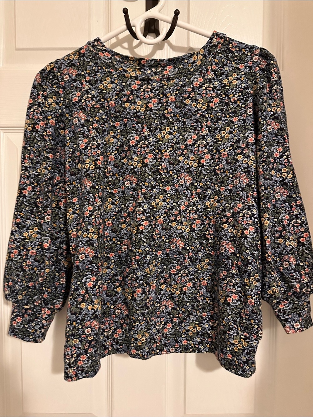 LOFT Navy Floral Long-Sleeve Blouse with Pink and Yellow Accents